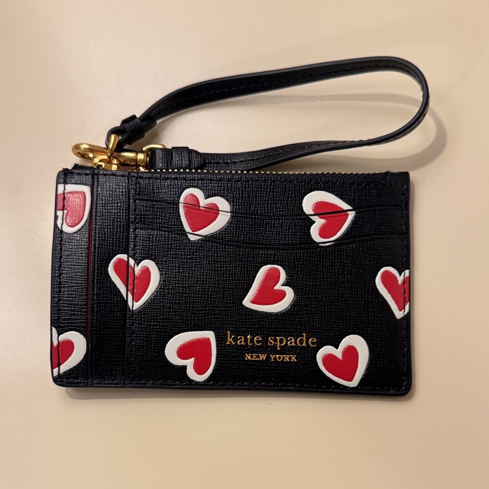 Kate Spade Black Wristlet with Red and White Heart Accents